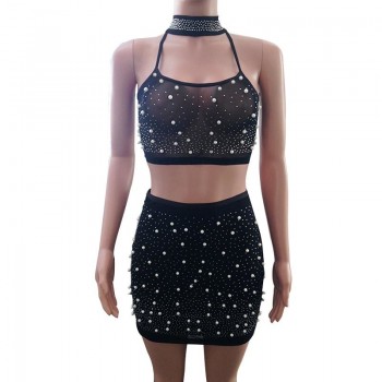 Sexy Spaghetti Strap Rhinestone Pearl Choker Set Two Pieces Sparkly Pearl Details Back Straps Mini Dress Night Out 